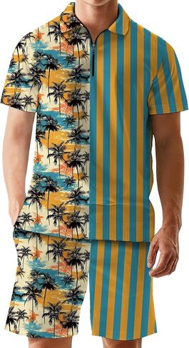 Men's 2 Piece Summer Outfits Hawaiian Print Short Sleeve Summer Shirt and Shorts Set in Saudi Arabia