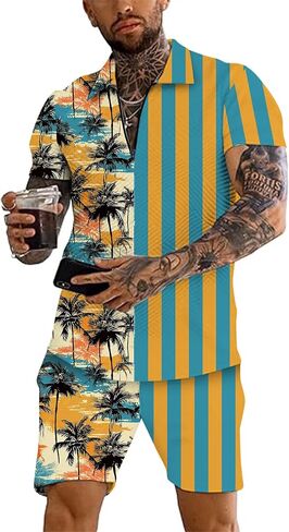 Men's 2 Piece Summer Outfits Hawaiian Print Short Sleeve Summer Shirt and Shorts Set in Saudi Arabia