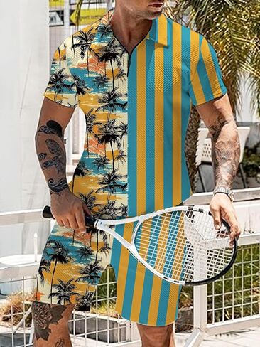 Men's 2 Piece Summer Outfits Hawaiian Print Short Sleeve Summer Shirt and Shorts Set in Saudi Arabia