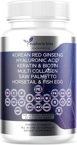 Complete Multi Blend Collagen 1000mg, Biotin 10000mcg, Saw Palmetto, Keratin, Korean Red Ginseng, Fish Egg, Hyaluronic Acid, Hair Skin & Nails, DHT Blocker, Vitamin E, B12, Folic Acid, MSM, 120 Caps in Saudi Arabia
