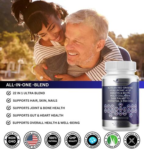 Complete Multi Blend Collagen 1000mg, Biotin 10000mcg, Saw Palmetto, Keratin, Korean Red Ginseng, Fish Egg, Hyaluronic Acid, Hair Skin & Nails, DHT Blocker, Vitamin E, B12, Folic Acid, MSM, 120 Caps in Saudi Arabia