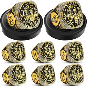 Highergo 6 Set Halloween Skeleton Championship Trophy Rings for Scariest Best Funniest Costume Contest with Display Neck Chain and Stand Bat Championship Ring for Halloween Costume Winner Award Prize