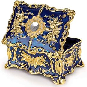 Vintage Two-Layer Rectangle Trinket Jewelry Box Ornate Ring Earrings Treasure Case Keepsake Box Organizer for Birthday Woman Girl Gift Home Dresser Decor,2.36 x 3.54 x 1.65 inches (Golden Blue)
