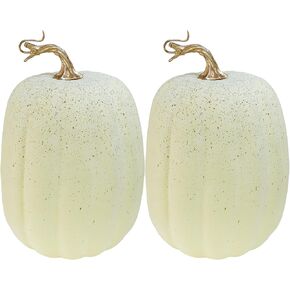 Winlyn 2 Pcs Large Artificial Orange Pumpkins Harvest Faux Foam Pumpkins Big Fall Pumpkin Decor 8.7" for Autumn Halloween Thanksgiving Wedding Outdoor Decorations Mantel Front Porch Table Centerpiece