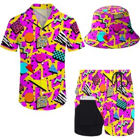 Mens Hawaiian Shirt and Shorts Set 2 Piece 80s 90s Outfit for Men Short Sleeve Button Down Suit with Bucket Hats in Saudi Arabia