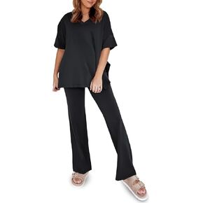 Tankaneo Womens 2 Piece Sets Summer Outfits Short Sleeve V Neck T Shirts and Straight Leg Pants Travel Lounge Sets