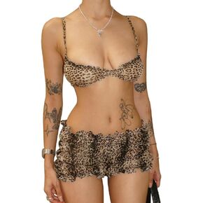 OCUH Leopard Print Tops for Women 2 Pice Set Leopard Print Pants Aesthetic Plunging Neckline Crop Tank Tops