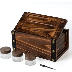 Large Wooden Box Tray Set Storage Decorative Box - Includes Reversible Tray 3 Glass Jar & Brush and All Accessories