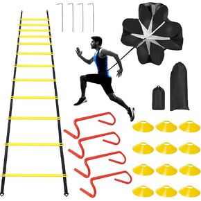 Professional Agility Ladder Speed Training Equipment Set-20ft Agility Ladder,12 Soccer Cones, 4 Agility Hurdles, Running Parachute, Suitable for Soccer Football Basketball Training