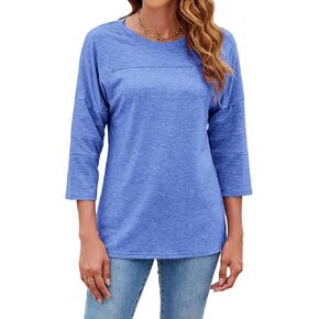 Bluetime Women Round Neck 3/4 Sleeve Tops Casual Loose Tunic Tops Solid Color Summer Fall Basic Shirt Blouses
