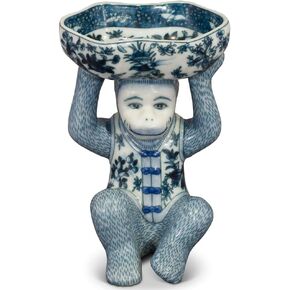 China Furniture Online Blue and White Chinese Porcelain Monkey Holding Lotus Dish
