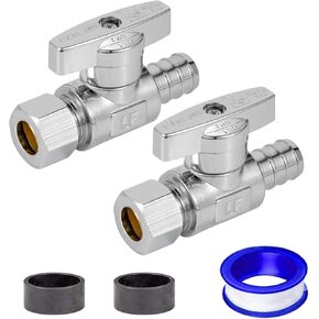 1/2 Pex Straight Stop Valve Sink Toilet Shut Off Valve,2 Pack Turn Straight Stop Valve 3/8" OD Compression X 1/2" Barb Crimp Pex LF Chrome Plated Brass with 2pcs 1/2 PEX Copper ring