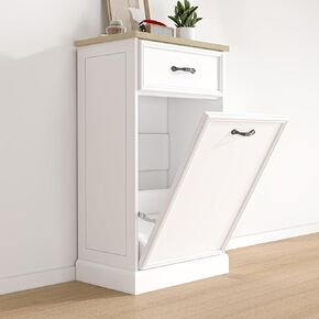 Tilt Out Trash Cabinet, Freestanding Trash Can Cabinet 10 Gallon Storage, Hidden Pet-Proof Garbage Can Cabinet Laundry Hamper for Kitchen Dining Living Room