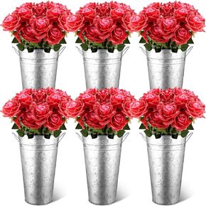 Irenare 12 Inch Vintage Galvanized Flower Bucket Metal Flower Vase Farmhouse French Metal Bucket Planter Metal Floral Container for Flowers Arrangements Table Centerpiece Weddings Home (Silver,6 Pcs)