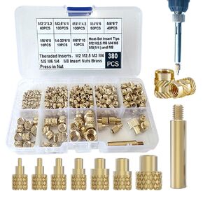 380pcs Thread Inserts with M2 M2.5 M3 M4 M5 M6(1/4) M8 Insert Tips for 3D Printing Components and Plastic Parts-Brass Metric Knurled Nuts …