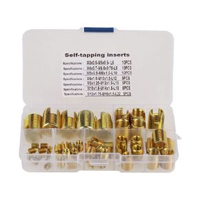 50Pcs Self Tapping Thread Insert, M3 M4 M5 M6 M8 M10 M12 Steel Brass Tone Thread Slotted Inserts Combination Set Repair Thread Tool, Easy and quick to install