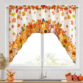 FRAMICS Fall Valance Curtains 61" W x 36" L, Thanksgiving Kitchen Curtains Valance for Windows, Maple Leaves Rod Pocket Drape Panel Curtain Valance Sunflower Pumpkin for Bedroom/Living Room, 1 Panel