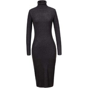 Womens Knee Length Knitted Ribbed Winter Turtleneck Bodycon Sweater Dresses 7628