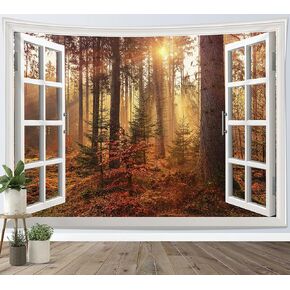 HVEST Fall Tapestry Wall Hanging Autumn Maple Tree Misty Forest Tapestries Natural Scenery Outside Window Tapestry for Living Room Bedroom Farm Holiday Party Decor, 60X40 Inchs