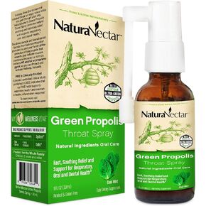 NaturaNectar Green Bee Propolis Throat Spray | Fast, Soothing Throat Care Wellness Support* | Non-Alcoholic Family Friendly Formula (2 Years and up) | Sustainable Beekeeping | Eco-Friendly (1 Pack)