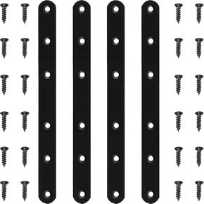 8Pcs Black Straight Brackets 8 Inch Stainless Steel Flat Mending Plates, Heavy Duty Repair Fixing Joining Brackets for Wood Fence with Screws