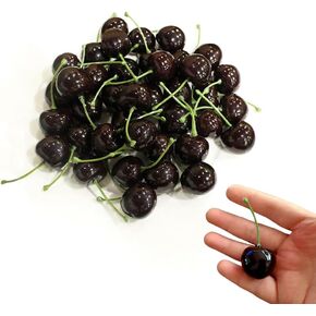 CURTEK 50 Pcs Artificial Cherry Decorations 0.98 inch Fake Cherries Fruit Lifelike Cherry Fake Fruit Model for Party Decor Home Kitchen Cabinet Photography Prop,Black, GDSFG5