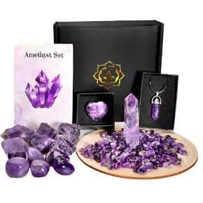 Amethyst Healing Crystal Set - Includes Tower, Tumbled Stones, Raw Stone, Necklace, Heart, Chips - Perfect for Chakra, Meditation, and Home Decor