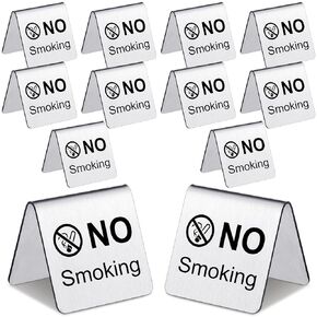 Hicarer 12 Pcs Stainless Steel No Smoking Table Sign Double Side No Smoking Sign Card Tent Non Smoking Desk Logo Indicator for Restaurant Office Hotel Hospitals Clubs Room Business