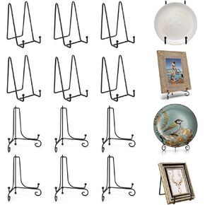 12Pcs Plate Stands For Display, Black Iron Plate Holder Display Stands, Picture Frame Holder Stand, Decorative Table Top Small Easele for Decorative Plate, Book, Mini Easel,Card, Plaque, Bowl, Collectibles, Tabletop Art (6 Inch)