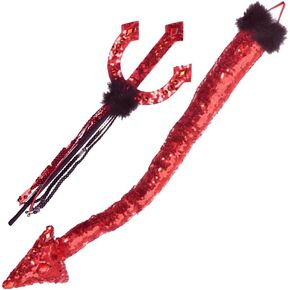 Red & Black Polyester Pitchfork and Tail Kit (21") - 2-Pack - Perfect for Halloween and Costume Parties