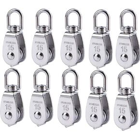 Stainless Steel Wire Rope Crane Pulley Block M15 Lifting Crane Swivel Hook Single Pulley Block Hanging Wire Towing Wheel 10Pcs