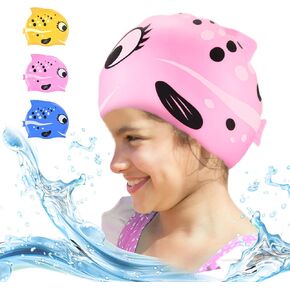 3 Pack Kids Swim Caps for Girls Boys, Flexible Tensile Strength Silicone Swimming Cap for Age 3-6 Toddler Baby Child, Cute Cartoon Fish Swim Bath Hats for Short/Long Hair