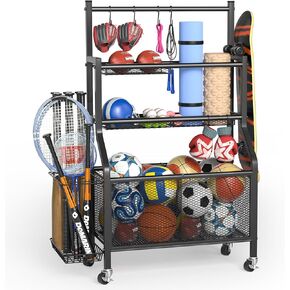 Garage Sports Equipment Organizer - Ball Storage Rack Heavy Duty Steel Ball Storage with 360 Rotaing Casters, Sports Organizer for Garage, Ball Rack for Basketball, Indoors and Outdoors