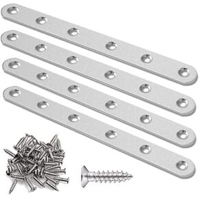 Straight Brackets Heavy Duty Stainless Steel Flat Plate Fixing Supports Metal Plate Mending Brackets with Screws, 193mm x 20mm. Pack of 4, Silver