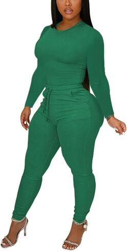 TOPSRANI Womens Two Piece Outfits Bodycon Tracksuit Sweatsuits Solid Jogger Workout Gym Biker Lounge Long Sleeve Pant Sets in Kuwait