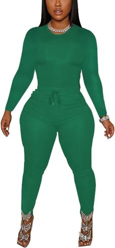 TOPSRANI Womens Two Piece Outfits Bodycon Tracksuit Sweatsuits Solid Jogger Workout Gym Biker Lounge Long Sleeve Pant Sets in Kuwait