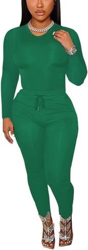 TOPSRANI Womens Two Piece Outfits Bodycon Tracksuit Sweatsuits Solid Jogger Workout Gym Biker Lounge Long Sleeve Pant Sets in Kuwait