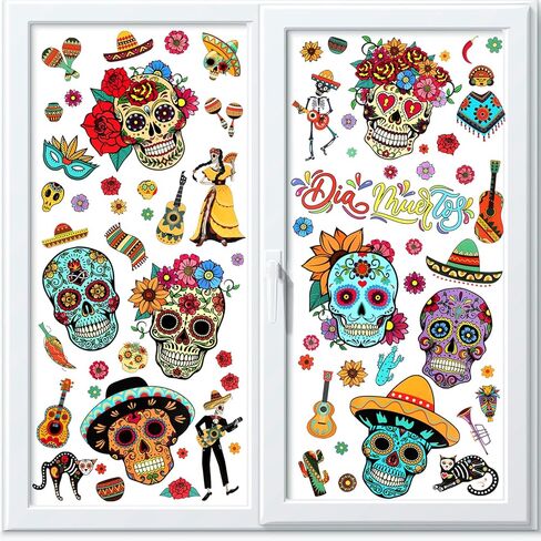 HOWAF Day of The Dead Skull Skeleton Mexican Fiesta Window Sticker-100+ Pieces Halloween Dia De Los Muertos Window Decals for Day of The Dead Party Decorations, Final Fiesta Bachelorette in Saudi Arabia