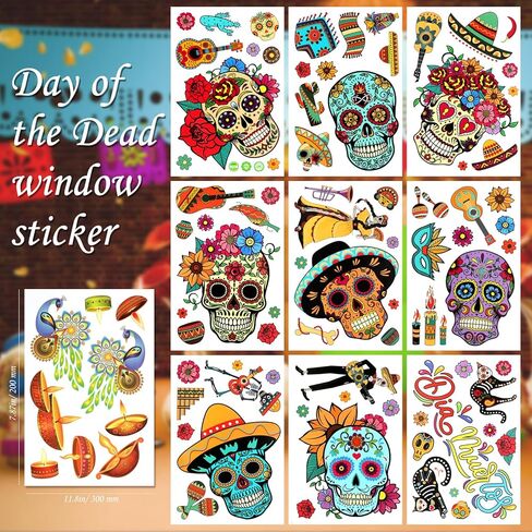 HOWAF Day of The Dead Skull Skeleton Mexican Fiesta Window Sticker-100+ Pieces Halloween Dia De Los Muertos Window Decals for Day of The Dead Party Decorations, Final Fiesta Bachelorette in Saudi Arabia