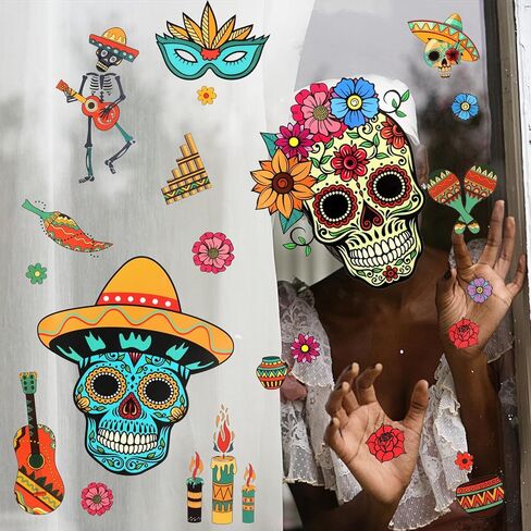HOWAF Day of The Dead Skull Skeleton Mexican Fiesta Window Sticker-100+ Pieces Halloween Dia De Los Muertos Window Decals for Day of The Dead Party Decorations, Final Fiesta Bachelorette in Saudi Arabia