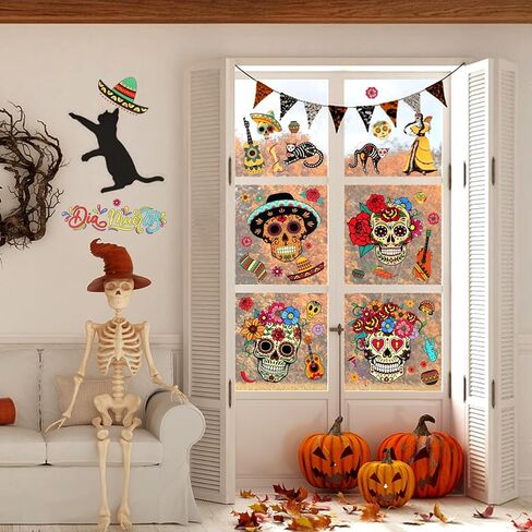 HOWAF Day of The Dead Skull Skeleton Mexican Fiesta Window Sticker-100+ Pieces Halloween Dia De Los Muertos Window Decals for Day of The Dead Party Decorations, Final Fiesta Bachelorette in Saudi Arabia