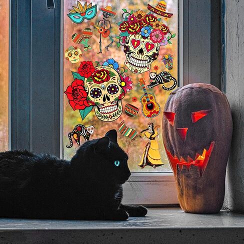 HOWAF Day of The Dead Skull Skeleton Mexican Fiesta Window Sticker-100+ Pieces Halloween Dia De Los Muertos Window Decals for Day of The Dead Party Decorations, Final Fiesta Bachelorette in Saudi Arabia