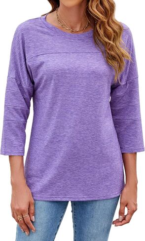 Bluetime Women Round Neck 3/4 Sleeve Tops Casual Loose Tunic Tops Solid Color Summer Fall Basic Shirt Blouses in Saudi Arabia