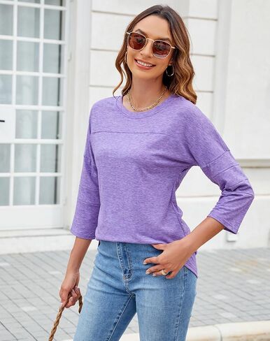 Bluetime Women Round Neck 3/4 Sleeve Tops Casual Loose Tunic Tops Solid Color Summer Fall Basic Shirt Blouses in Saudi Arabia