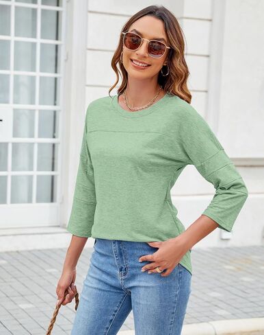 Bluetime Women Round Neck 3/4 Sleeve Tops Casual Loose Tunic Tops Solid Color Summer Fall Basic Shirt Blouses in Saudi Arabia