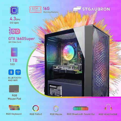STGAubron Gaming Diamond Desktop, Intel Core I7 3.4 GHz up to 3.9 GHz, GTX 1660 Ti 6G GDDR6, 16G RAM, 512G SSD, WIFI, BT 5.0, RGB Fan x 6, RGB Keyboard & Mouse, RGB Mouse Pad, RGB BT Sound Bar, W10H64 in Saudi Arabia