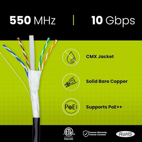 TRUE CABLE Cat6 Direct Burial Bulk Ethernet Cable, Shielded F/UTP, 1000ft, Black, 23AWG Solid Bare Copper, Heavy Duty Outdoor OSP Jacket, Waterproof, UV Resistant, 550MHz, PoE++ 100W (4PPoE) in Kuwait