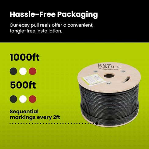TRUE CABLE Cat6 Direct Burial Bulk Ethernet Cable, Shielded F/UTP, 1000ft, Black, 23AWG Solid Bare Copper, Heavy Duty Outdoor OSP Jacket, Waterproof, UV Resistant, 550MHz, PoE++ 100W (4PPoE) in Kuwait
