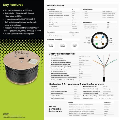 TRUE CABLE Cat6 Direct Burial Bulk Ethernet Cable, Shielded F/UTP, 1000ft, Black, 23AWG Solid Bare Copper, Heavy Duty Outdoor OSP Jacket, Waterproof, UV Resistant, 550MHz, PoE++ 100W (4PPoE) in Kuwait
