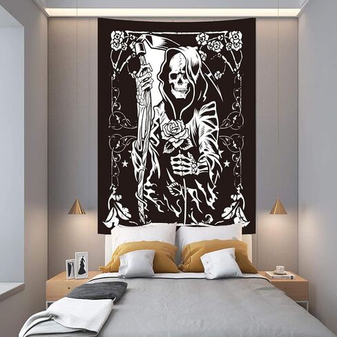 الجمجمة الجدار شنقا غريم ريبر الأزهار نسيج القوطية بطاقة التارو نسيج شبح الموت موضوع أسود هيكل عظمي نسيج الفن ديكور المنزل لغرفة النوم غرفة المعيشة 50x60 بوصة in Kuwait